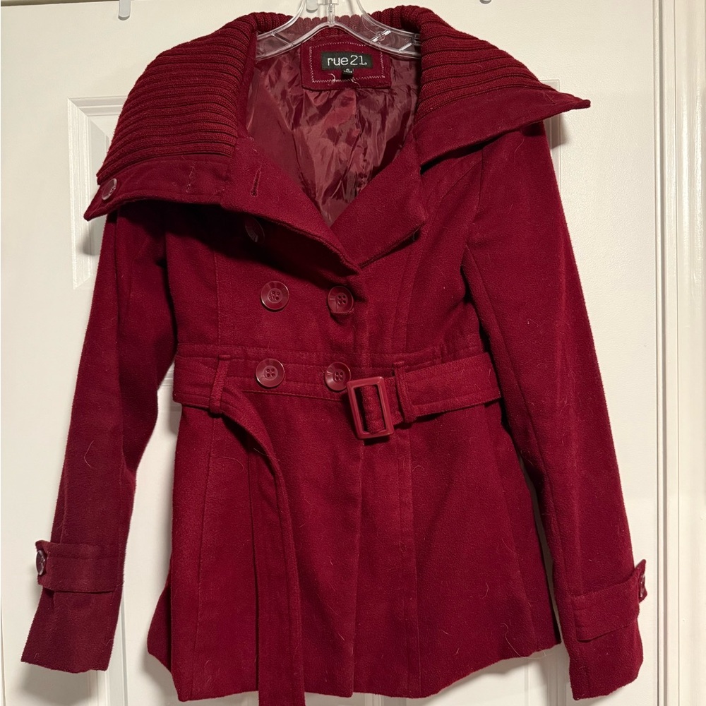 Rue21 Women's Burgundy Belted Pea Coat